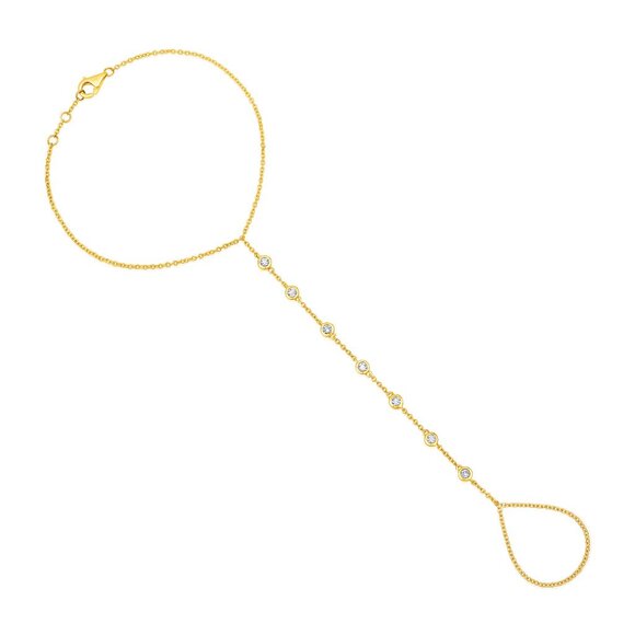 7 Diamonds Droplet 14K Yellow Gold Hand Chain